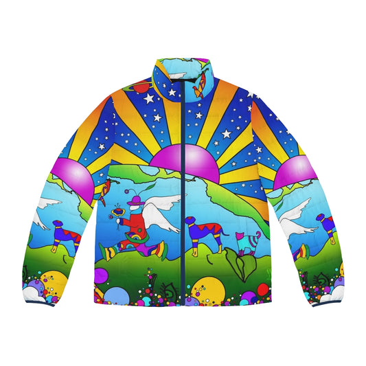 Cosmic Pet Psychedelic Puffer Jacket with 1960s Hippie Inspired Design