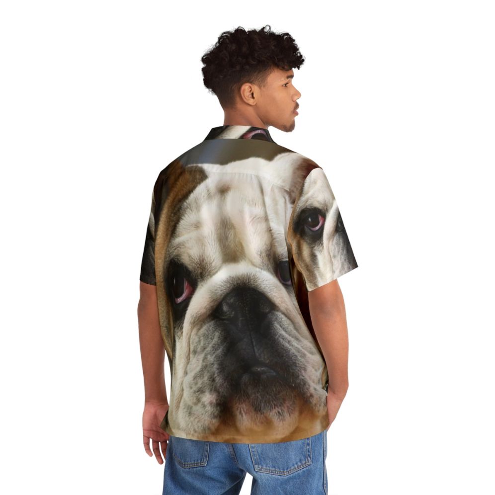 English Bulldog wearing a vibrant Hawaiian-style shirt - People Back