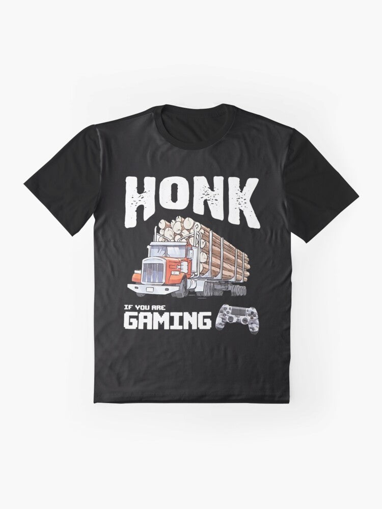 "HONK IF YOU ARE GAMING" graphic t-shirt for trucker gamers and video game enthusiasts - Flat lay