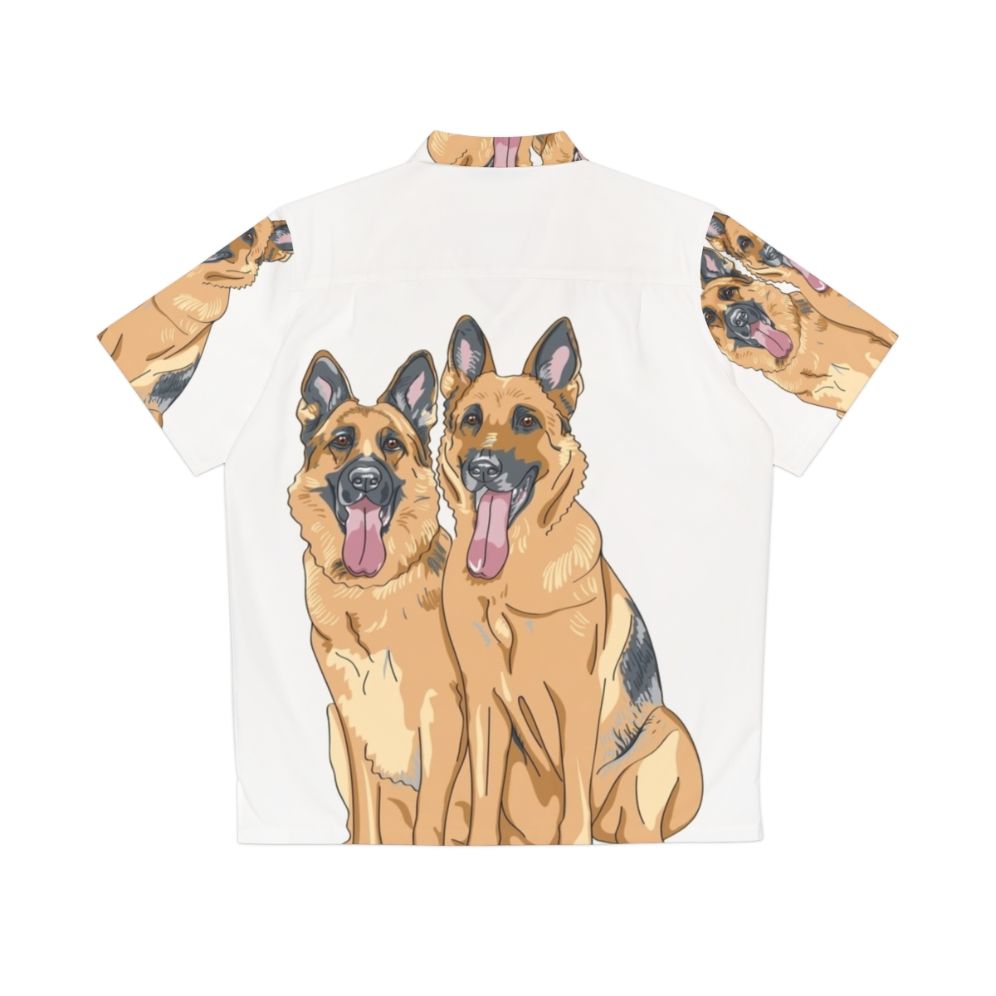 German shepherd dog wearing a colorful Hawaiian shirt - Back