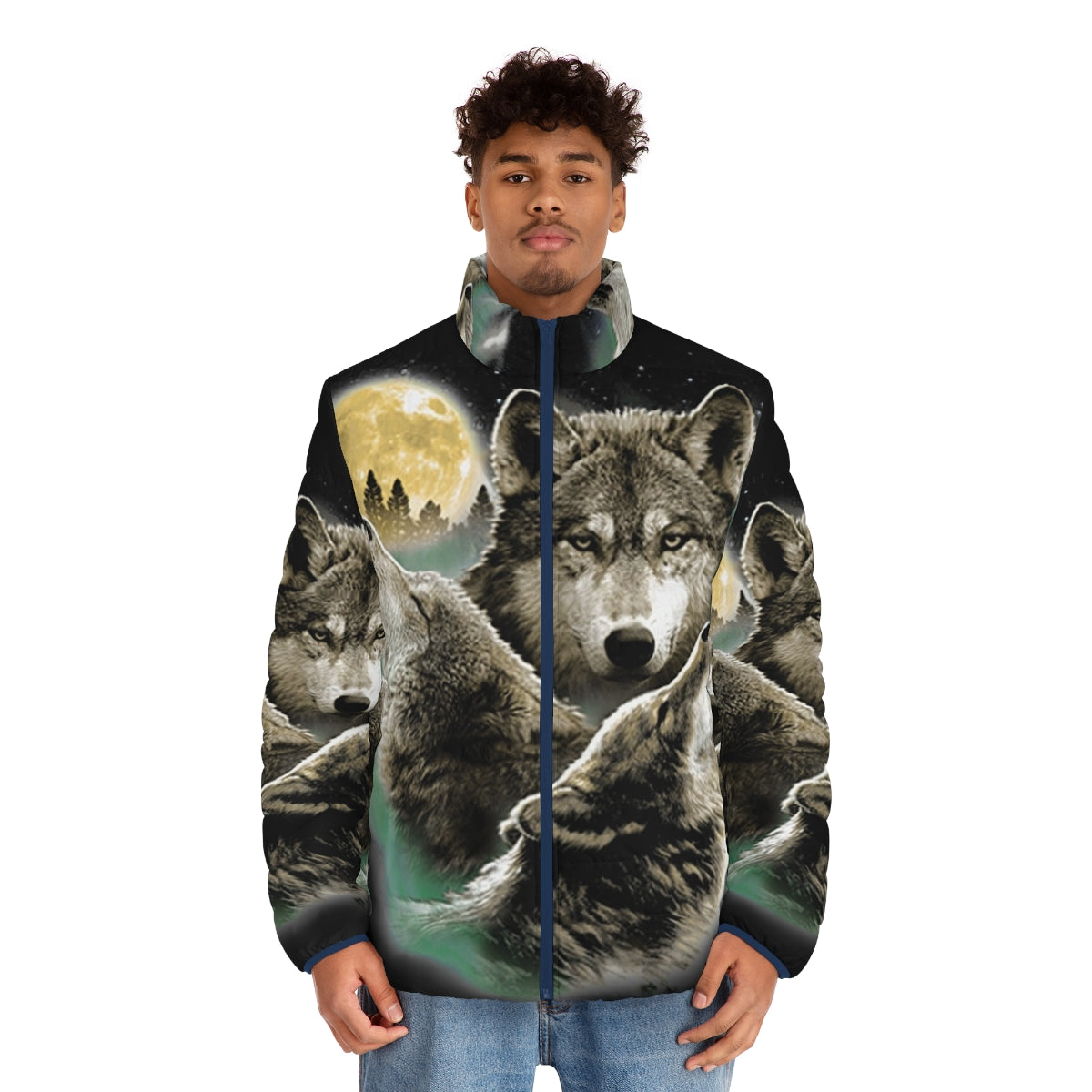 Puffer jacket featuring a night sky scene with three howling wolves against a full moon - men front