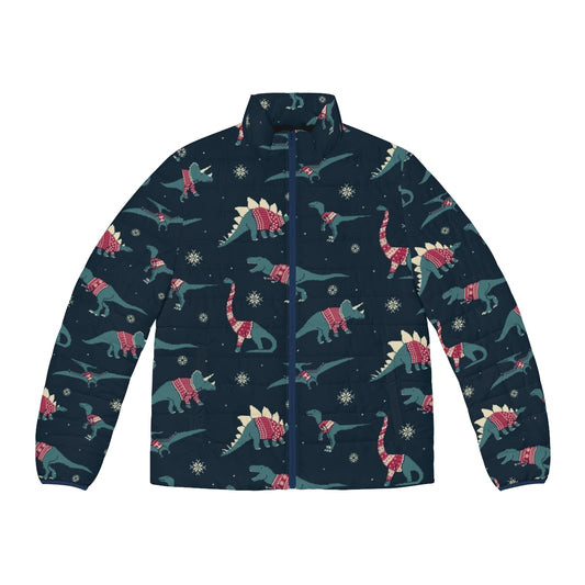 Puffer jacket featuring cute dinosaurs wearing festive sweaters