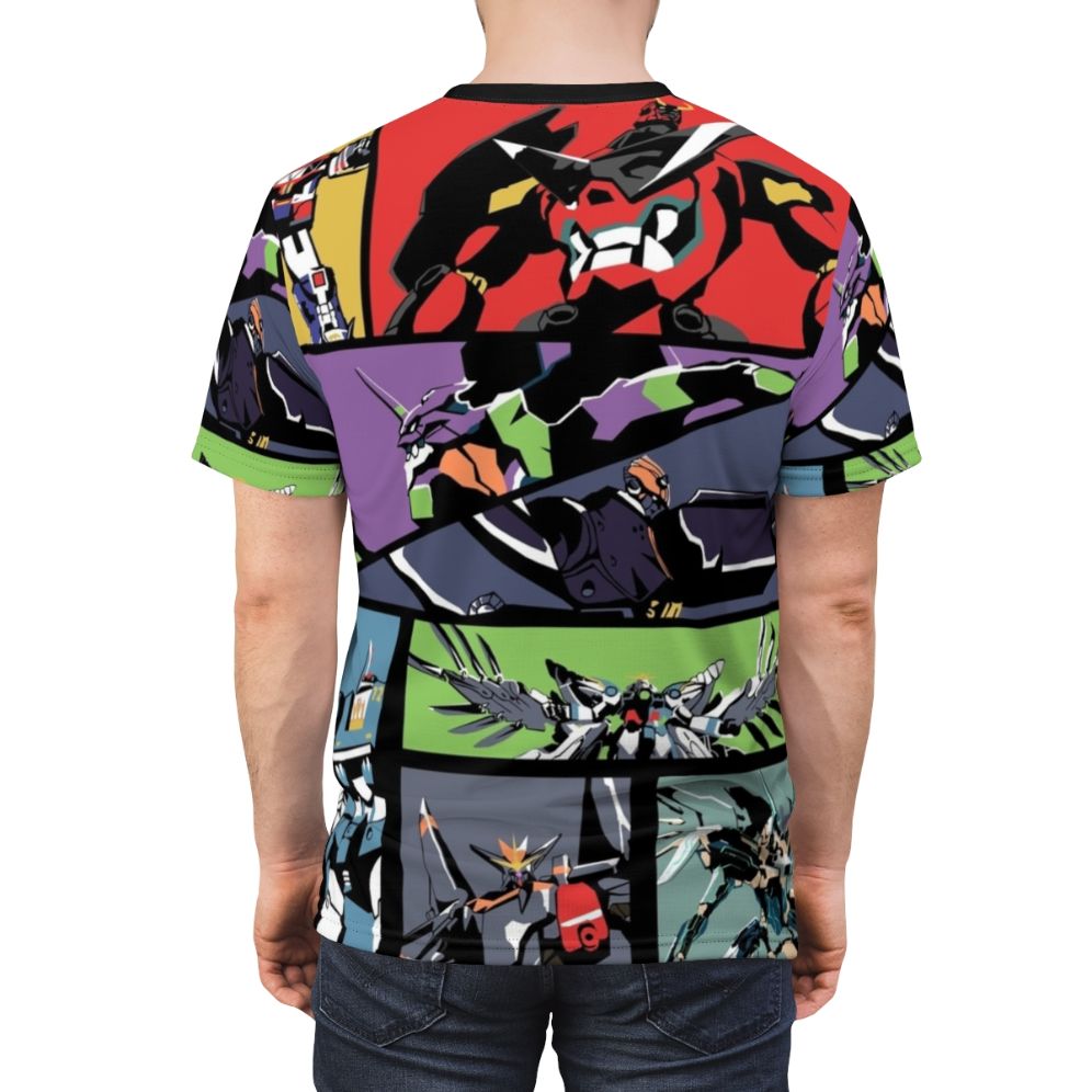 Anime-inspired t-shirt featuring a super robot, mecha, and other giant robot designs - men back