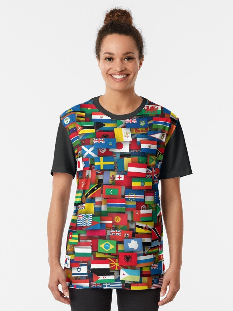 A graphic t-shirt featuring the flags of all countries in the world. - Women