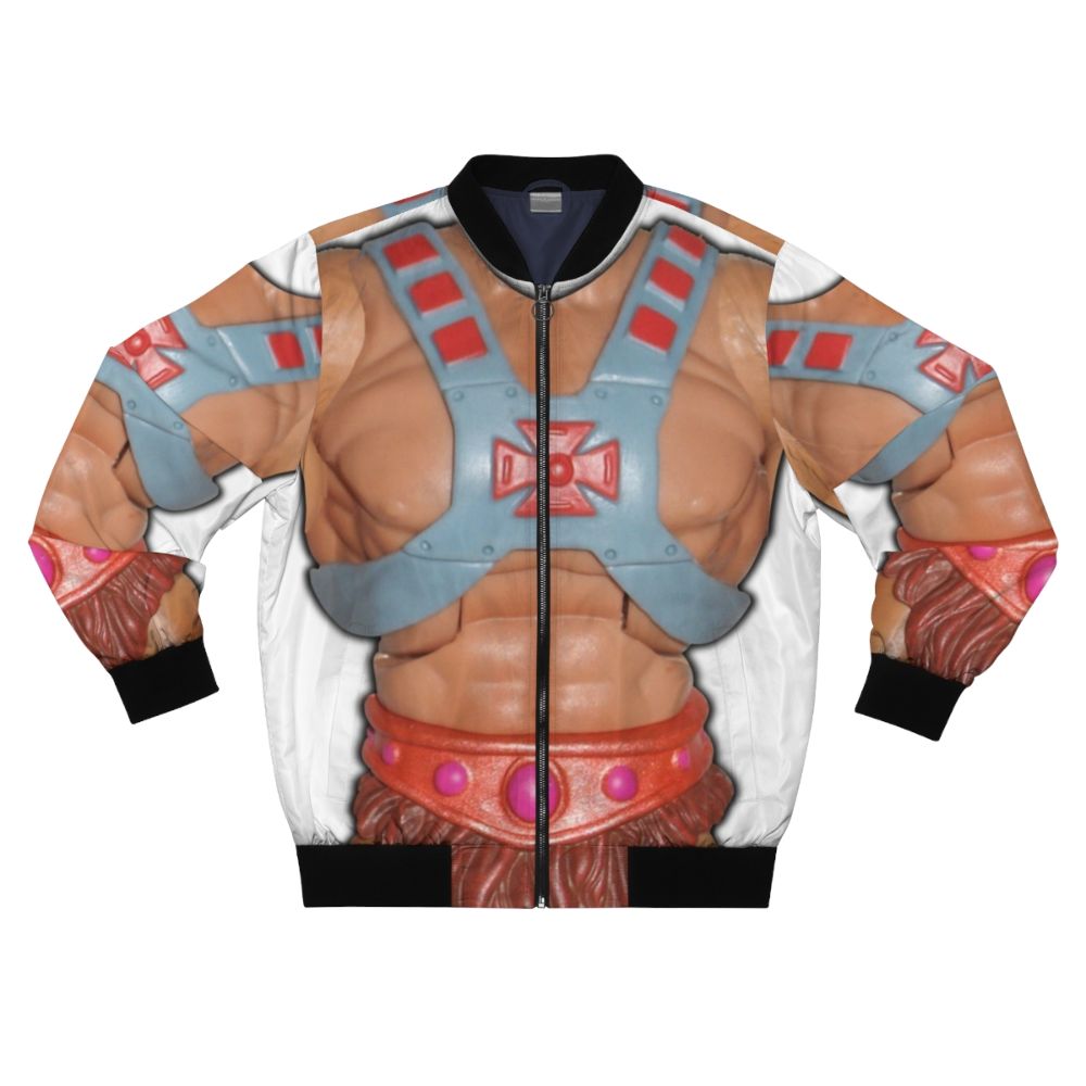 Vintage-style bomber jacket with a retro He-Man action figure graphic