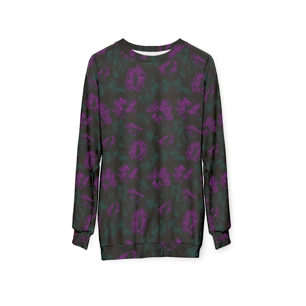 Purple flowers on black background floral sweatshirt - hanging