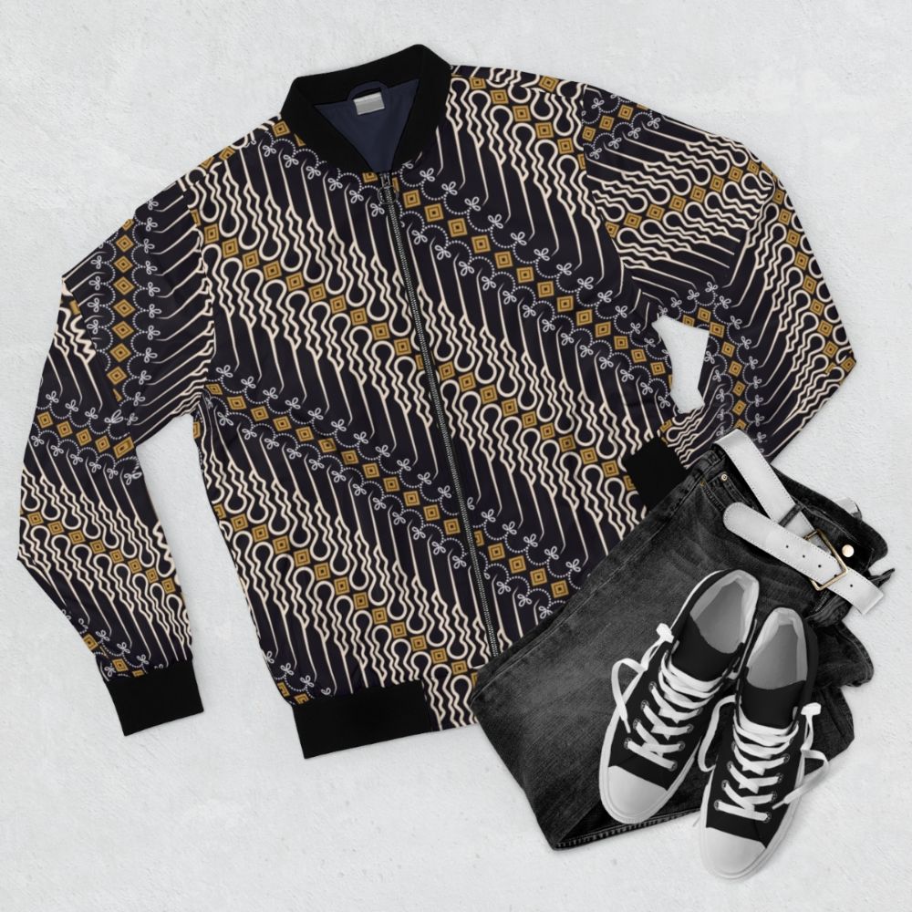 Batik parang pattern bomber jacket, featuring vibrant Javanese-inspired design - Flat lay