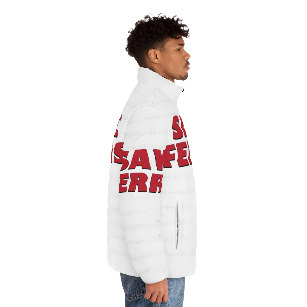 Save Ferris 80s puffer jacket with vintage movie inspired design - men side right