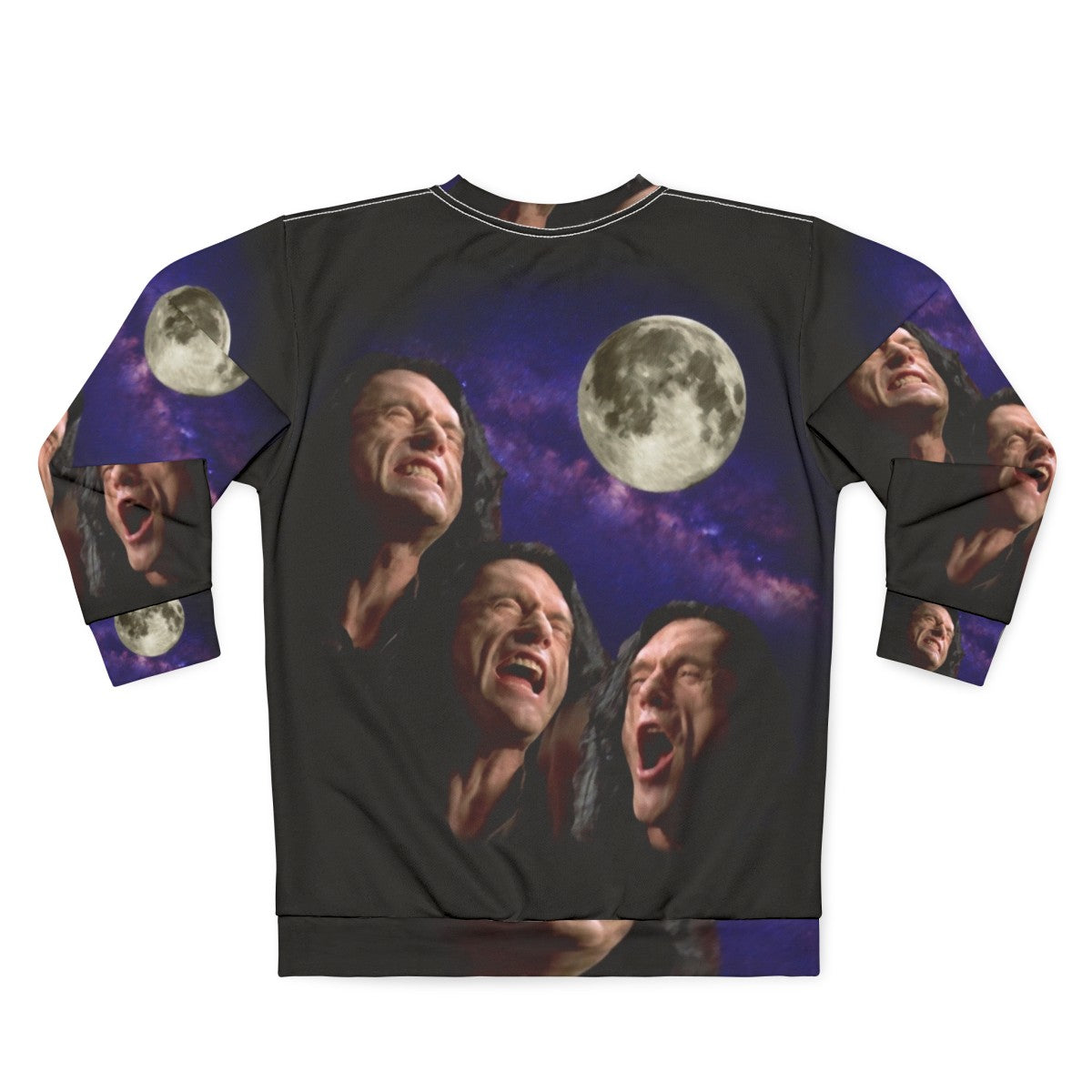 Three Wiseau Moon Sweatshirt with Tommy Wiseau, The Room, and Disaster Artist Meme Design - Back