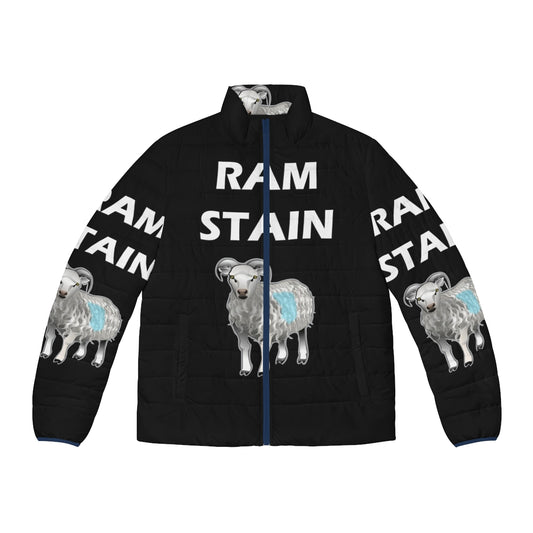 Rammstein-inspired "Ram Stain" funny puffer jacket with metal music and comedy pun design