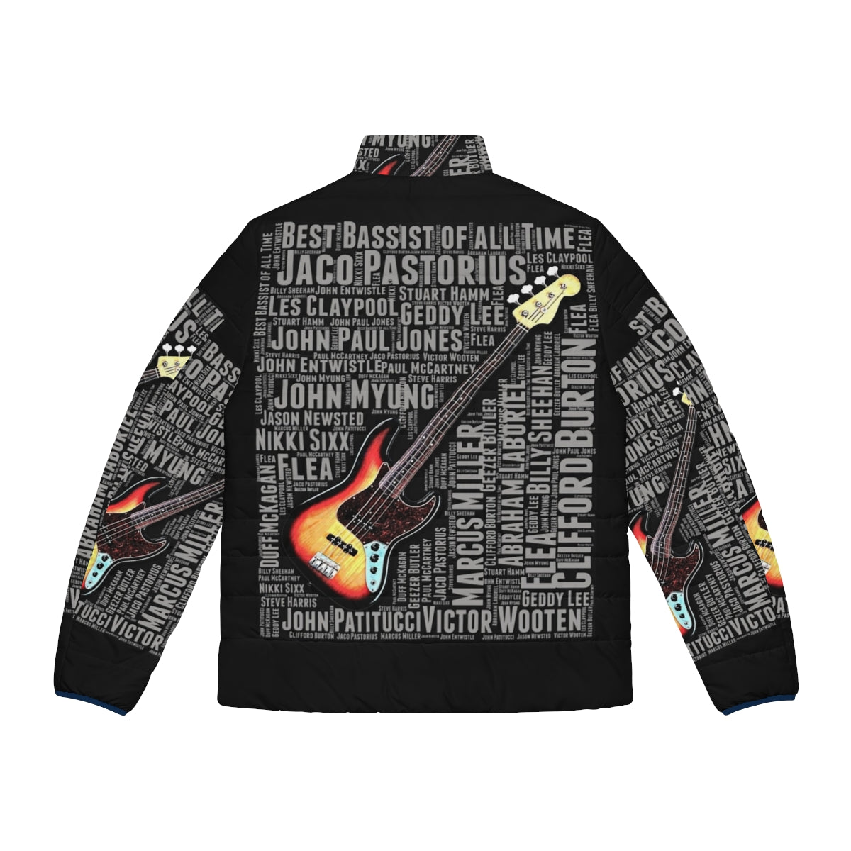 Puffer jacket featuring "Best Bassist of All Time" design, ideal for bass guitar players and music lovers - Back