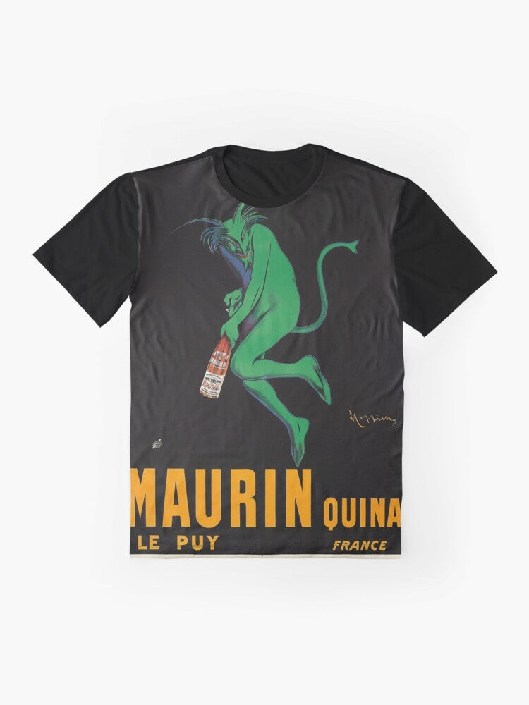 Vintage Maurin Quina wine label graphic t-shirt featuring the devilish design by Italian artist Leonetto Cappiello. - Flat lay