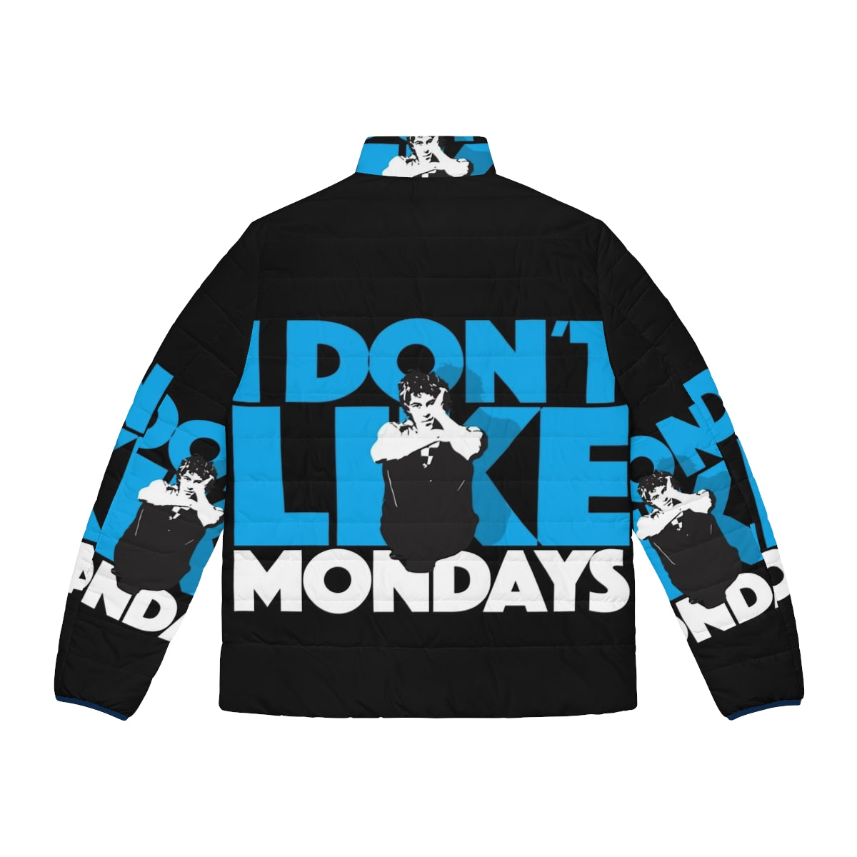 I Don't Like Mondays 80s puffer jacket featuring the iconic Boomtown Rats song - Back