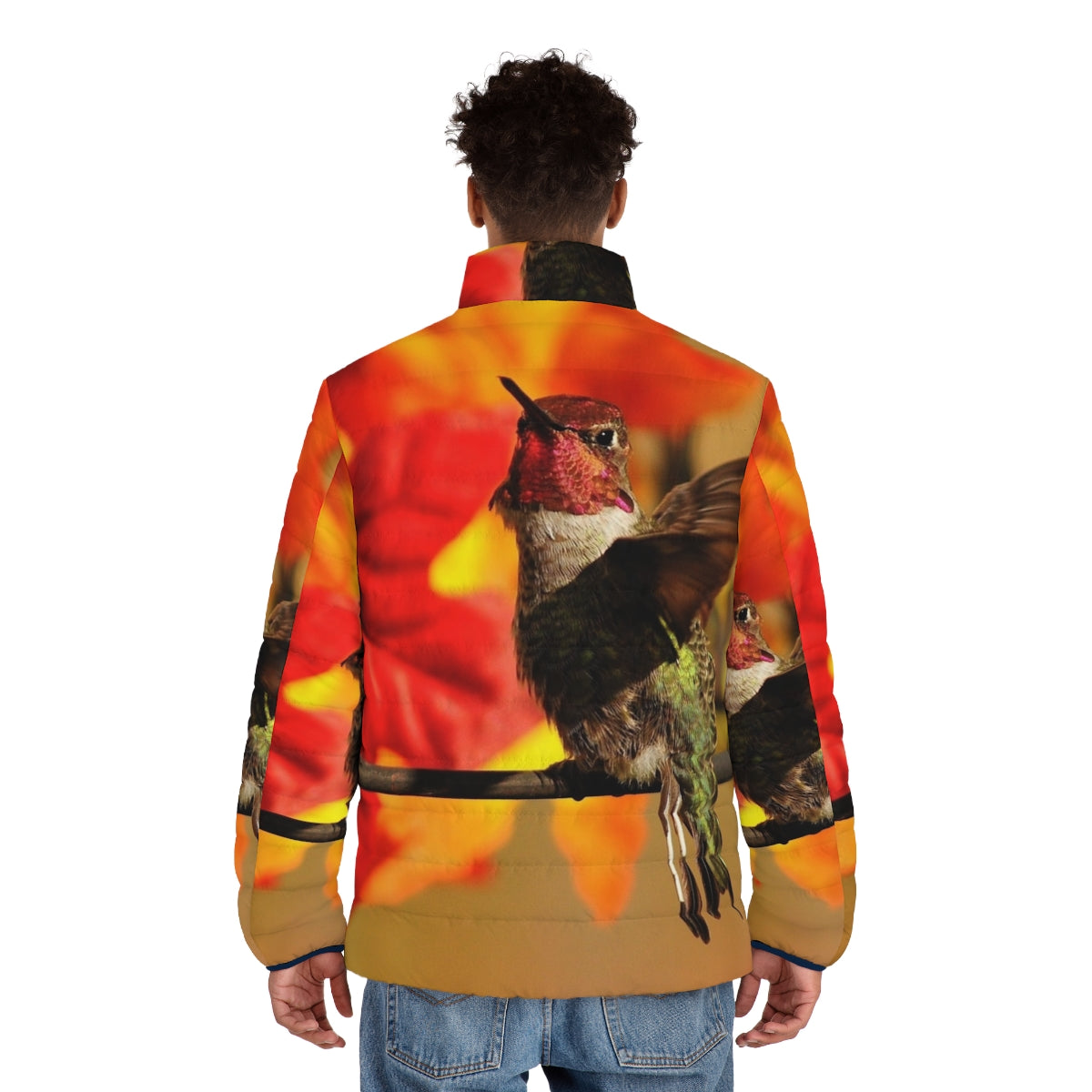 Woman wearing a puffer jacket with a hummingbird print design - men back