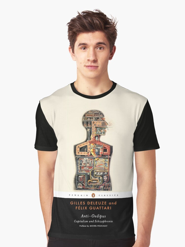 Graphic t-shirt featuring the iconic book cover of Deleuze and Guattari's "Anti Oedipus" - Men