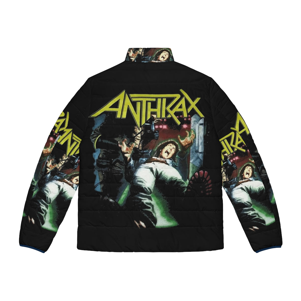 Anthrax Band Puffer Jacket featuring the iconic Anthrax logo and band members - Back