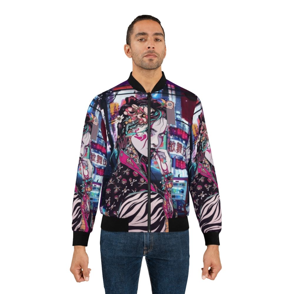 Stylish bomber jacket featuring a beautiful geisha character in the streets of Tokyo - Lifestyle