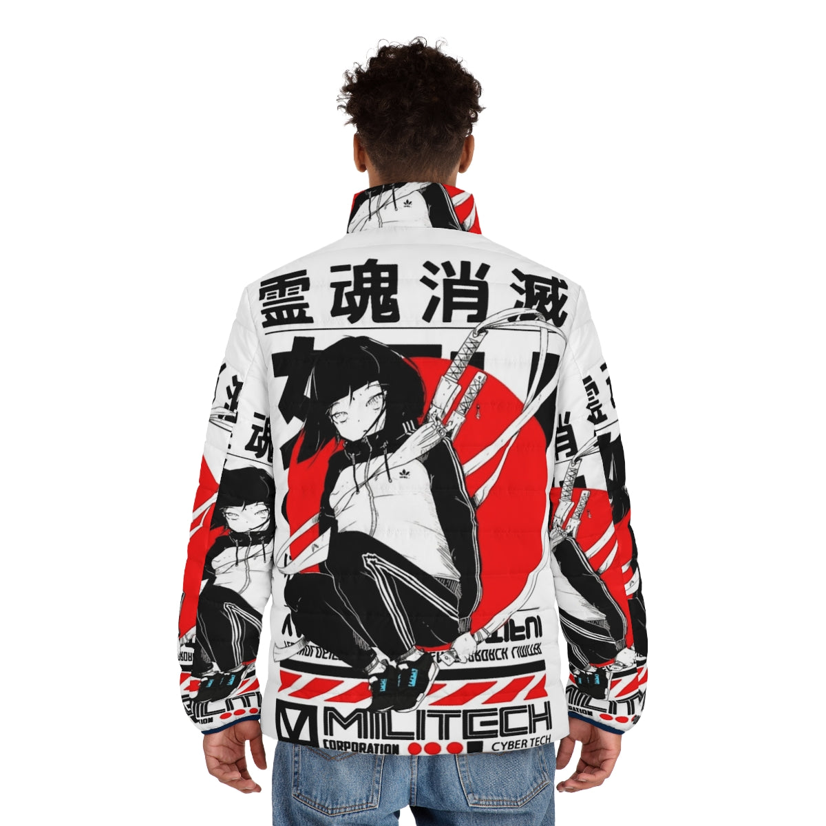 Cyberpunk inspired puffer jacket with Japanese samurai design elements - men back