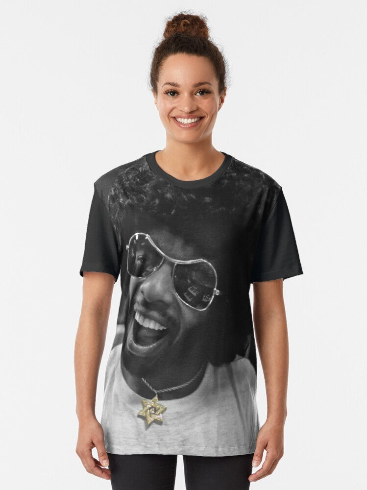 Black and white graphic t-shirt with Sly Stone and a recording studio scene - Women