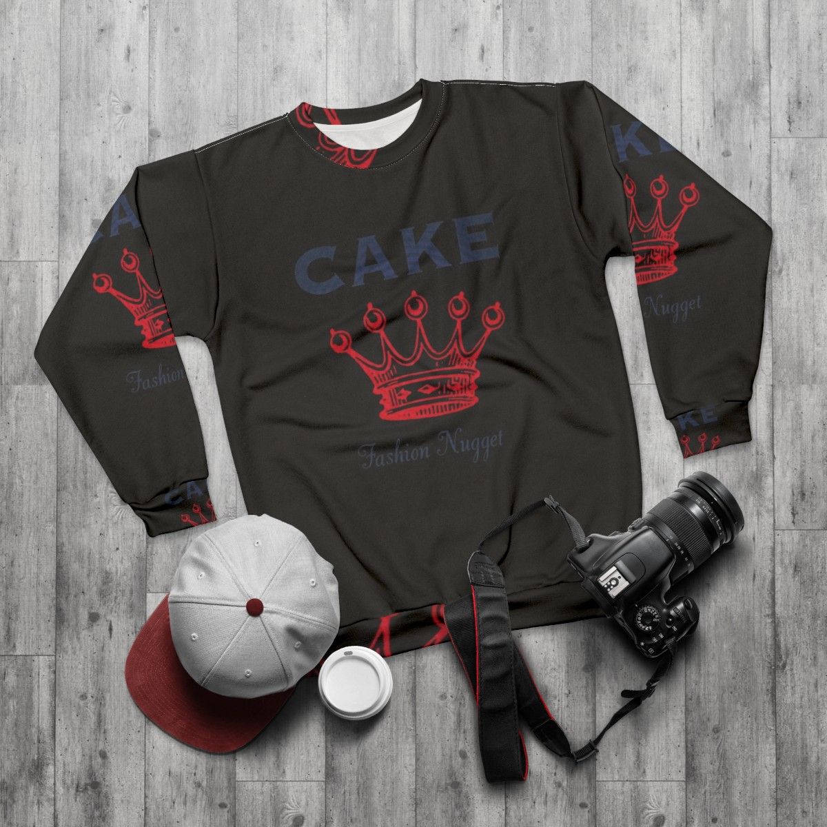 Stylish sweatshirt featuring the "Fashion Nugget" design, a reference to the alternative rock band Cake - flat lay