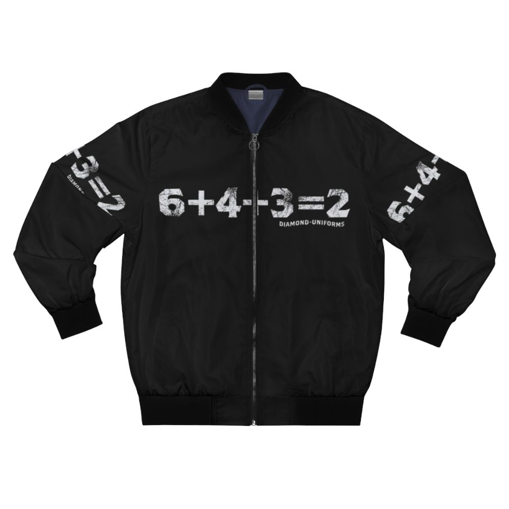 Baseball bomber jacket with team logos and sports design