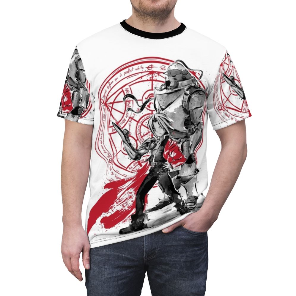 Anime-inspired Sumi-E art t-shirt featuring elements from the popular manga and anime series, Fullmetal Alchemist Brotherhood. - men front