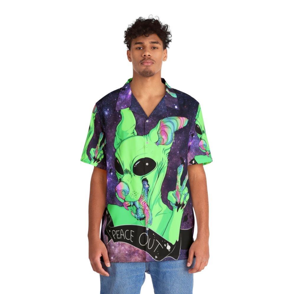 Cosmic Canine Hawaiian Shirt with Space, Alien, and Galaxy Designs - People Front