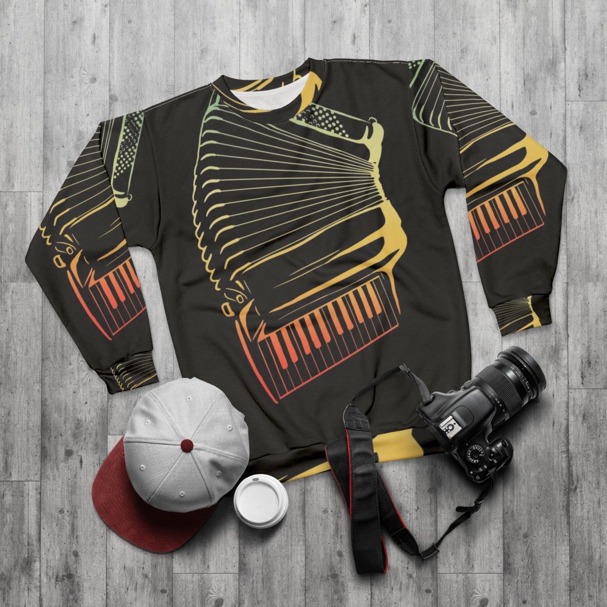 Air accordion musician playing sweatshirt - flat lay