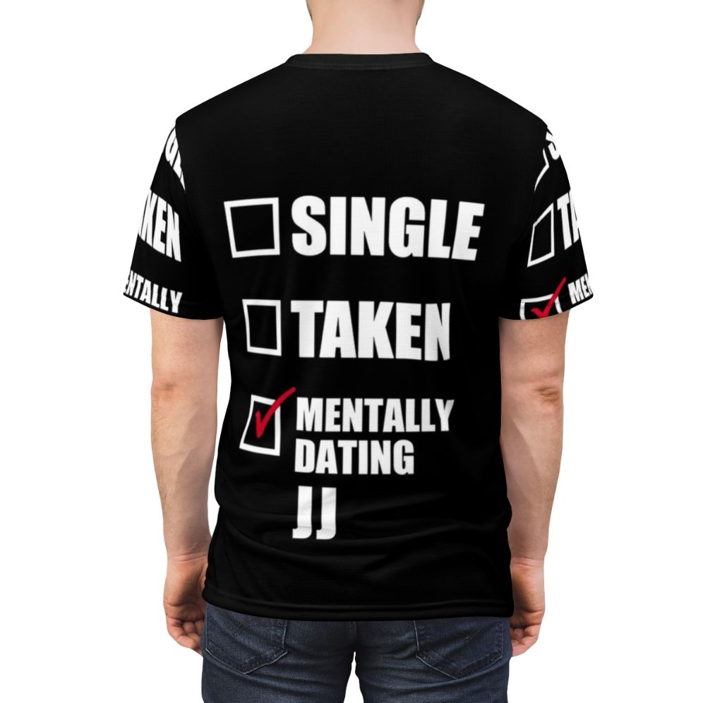 Outer Banks inspired all-over-print t-shirt featuring the text "Mentally Dating JJ" - men back