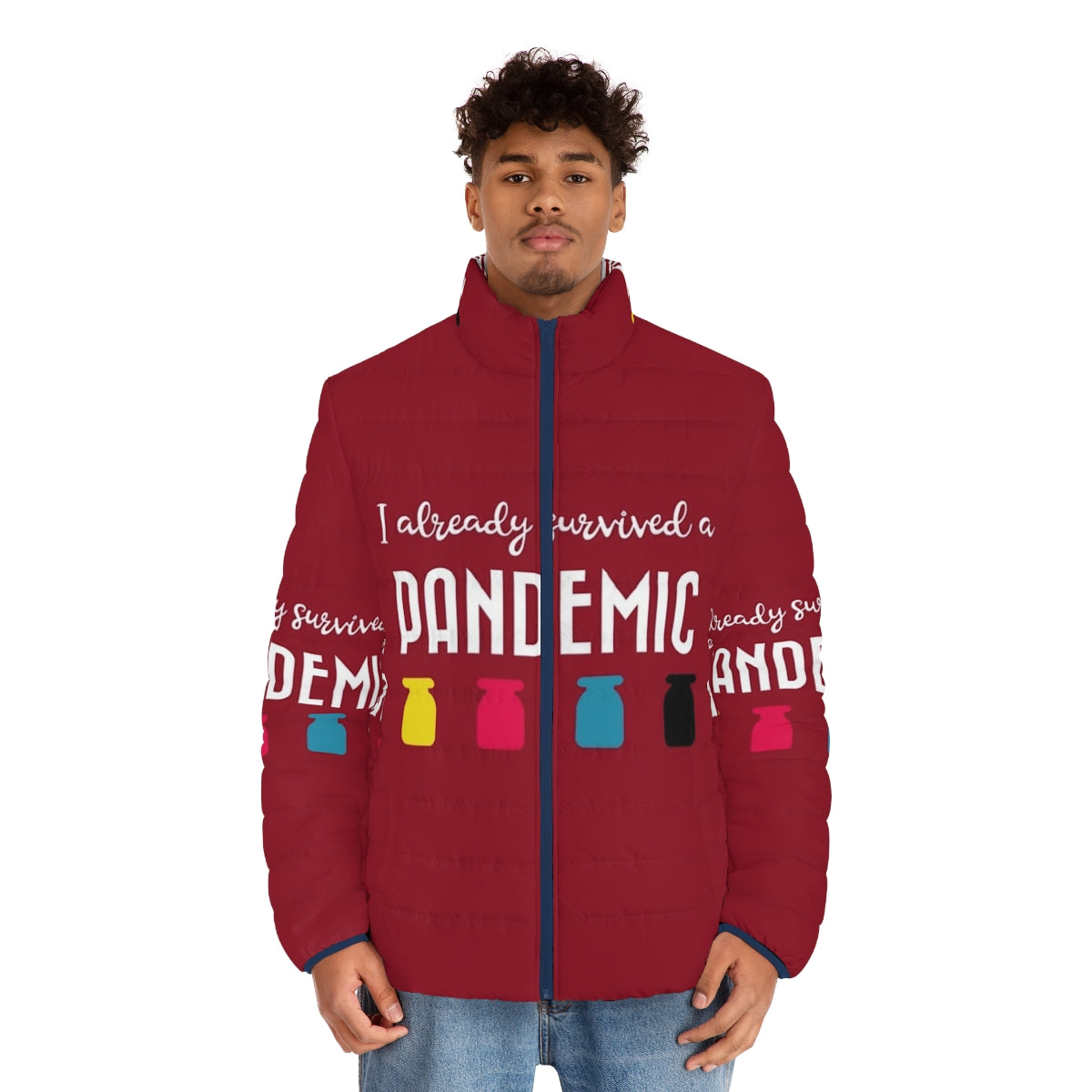 Pandemic Survivor Puffer Jacket with Funny Pandemic-Themed Graphics - men front