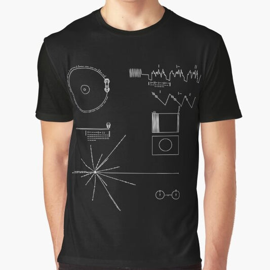 Voyager Golden Record graphic t-shirt featuring a diagram of the golden record and text about Carl Sagan and space exploration