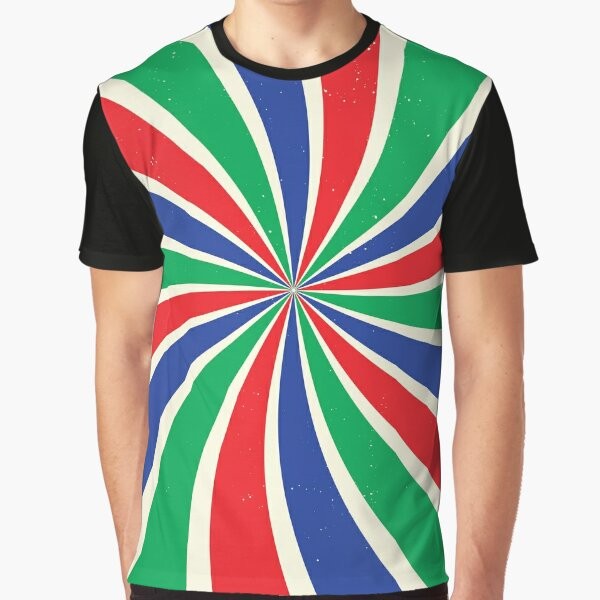 Retro sunburst graphic t-shirt with textured, twisted pattern in red, green, and blue colors