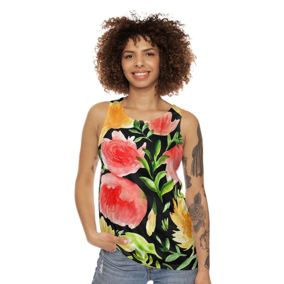 Watercolor floral art tank top - women