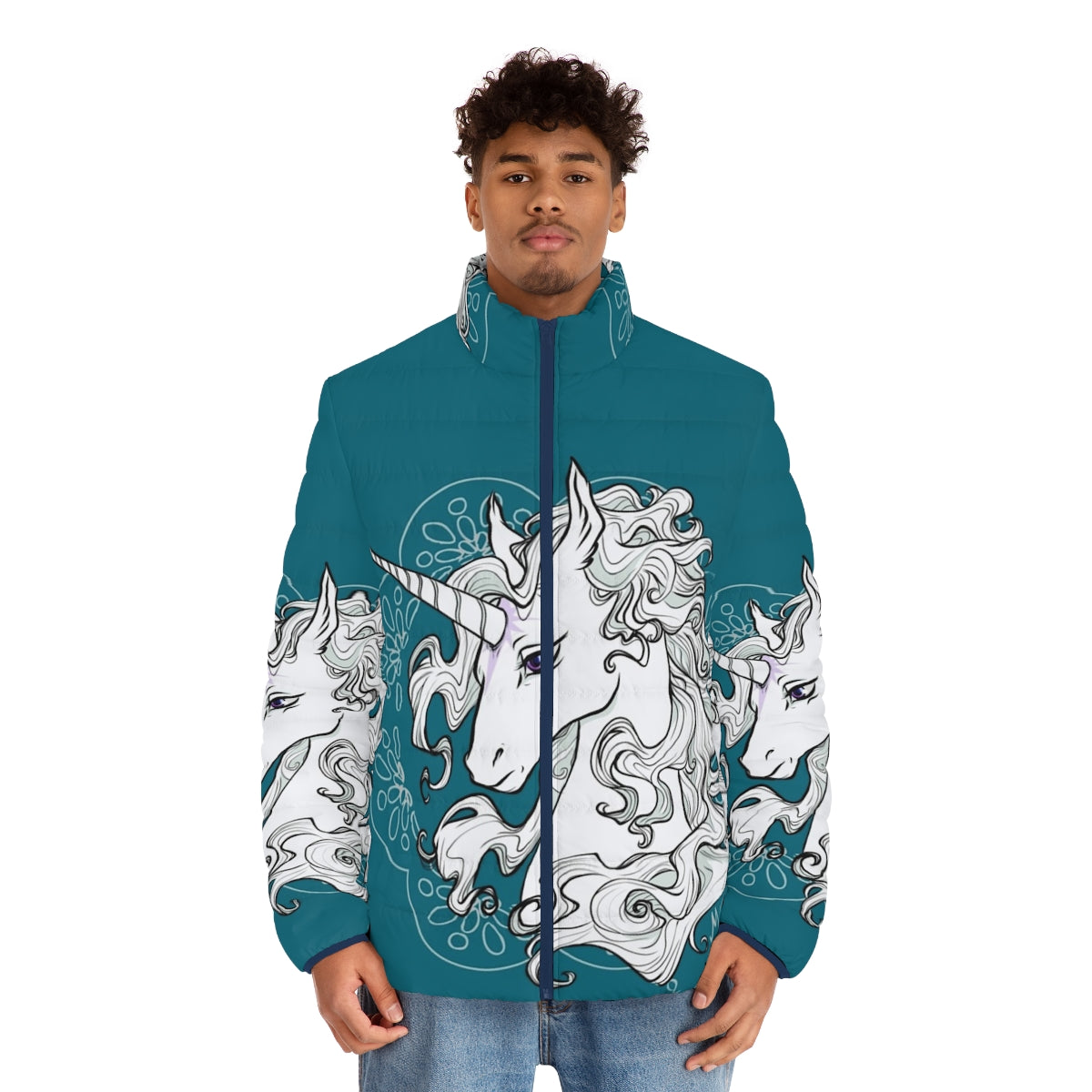 Sea green puffer jacket with unicorn and fantasy design - men front