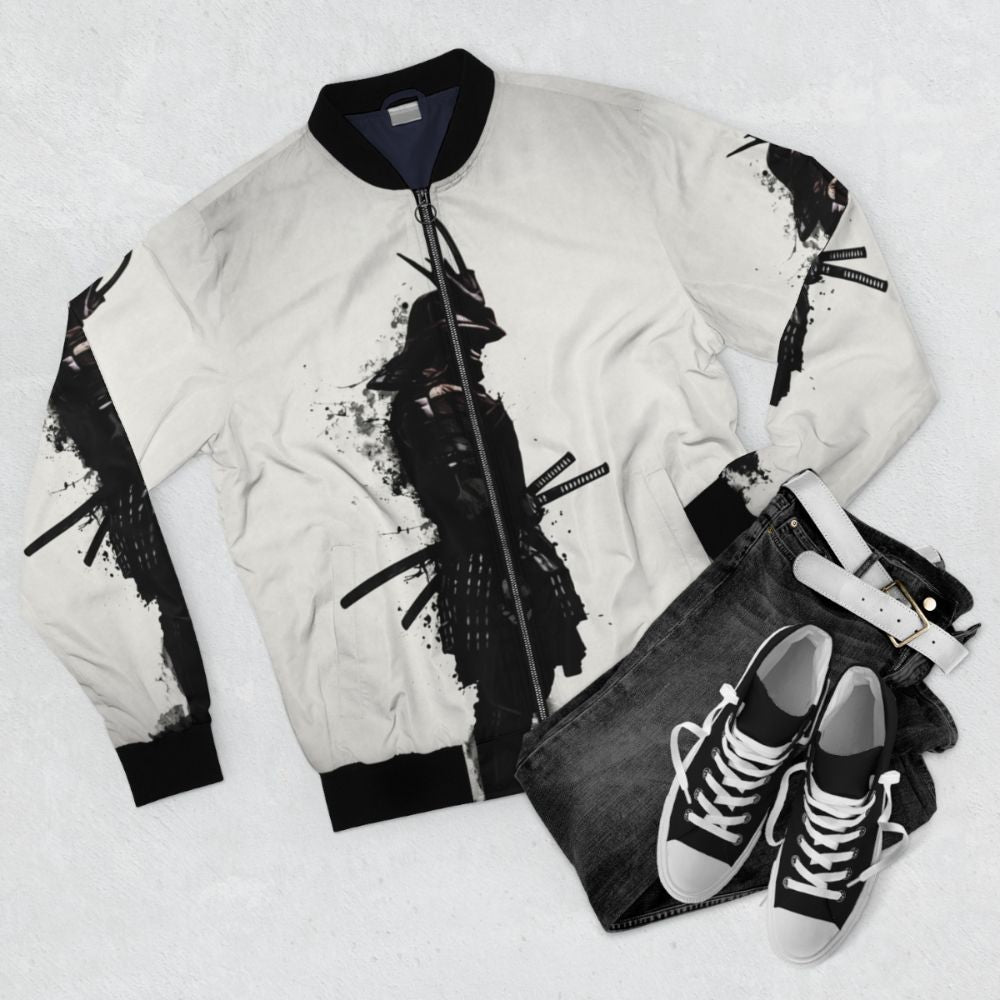 Armored samurai bomber jacket with Japanese-inspired design and tactical features - Flat lay