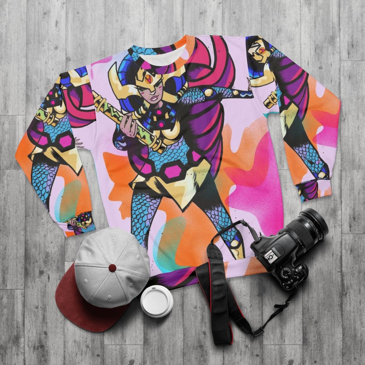 Big Barda female superhero comic book sweatshirt - flat lay