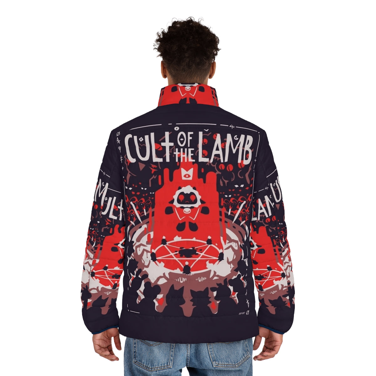 Cult of the Lamb inspired puffer jacket with sheep graphic - men back