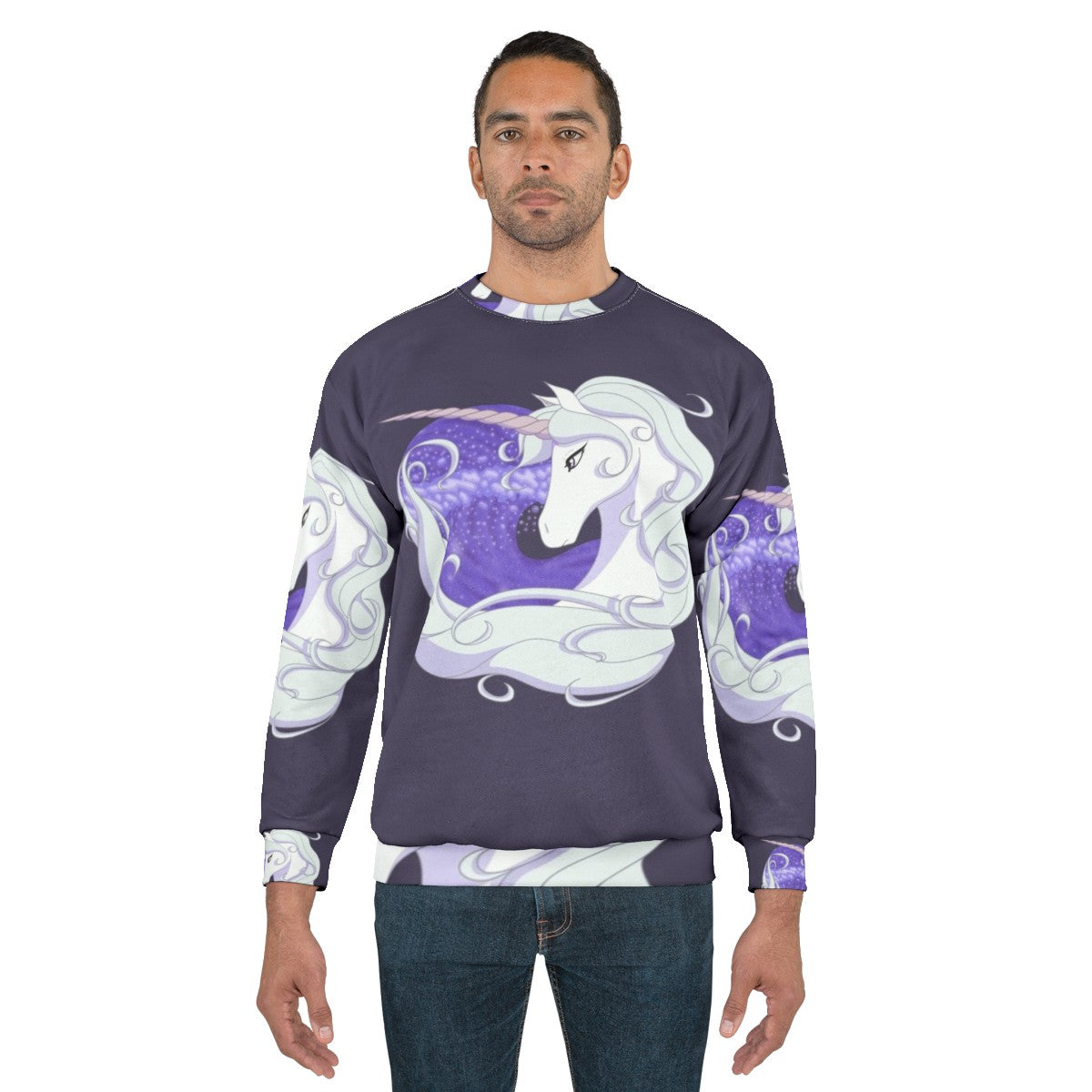 The Last Unicorn sweatshirt featuring a mythical unicorn swimming through ocean waves - men