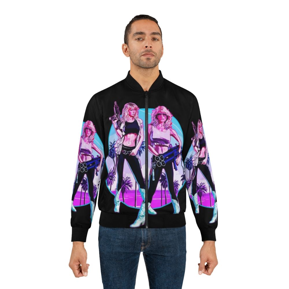 80s Miami-inspired bomber jacket with neon pink and blue palm tree design - Lifestyle