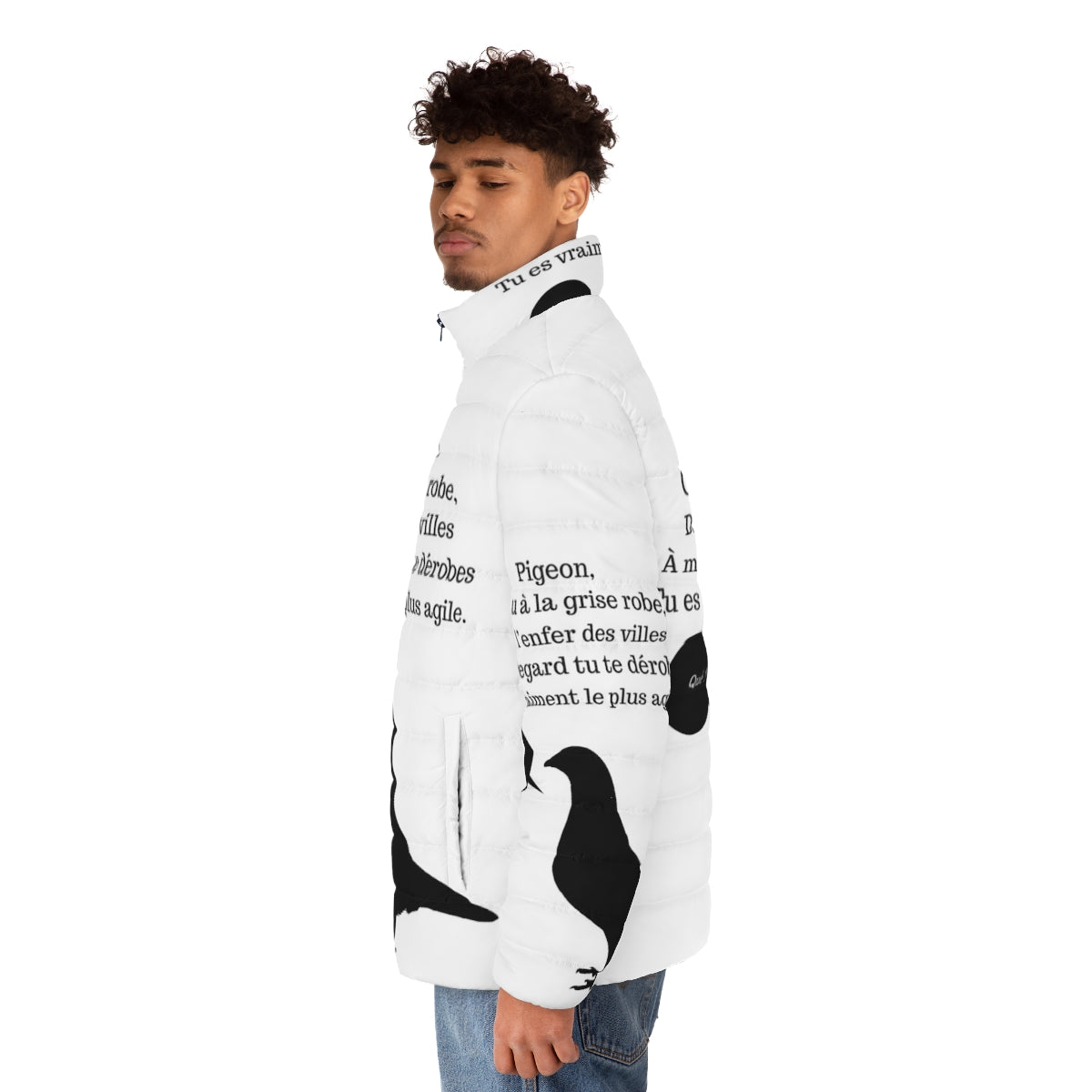 A black and white puffer jacket with the French quote "C'est Arrivé Près de Chez Vous" printed on it. - men side left