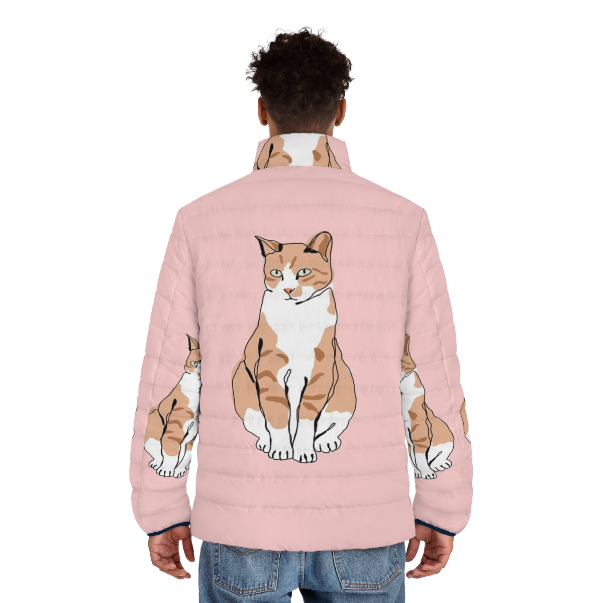 Adorable cat wearing a fashionable puffer jacket - men back