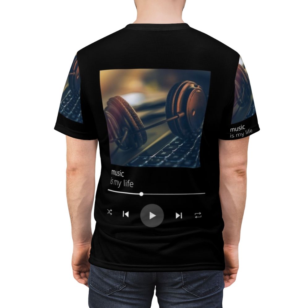 Person wearing a t-shirt with a musical theme, highlighting the 'music is my life' design. - men back