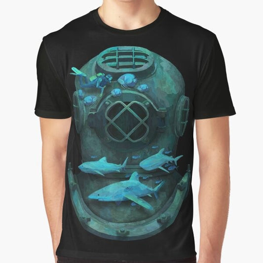 A graphic t-shirt design featuring a whimsical underwater scene with a diver, sharks, and marine life