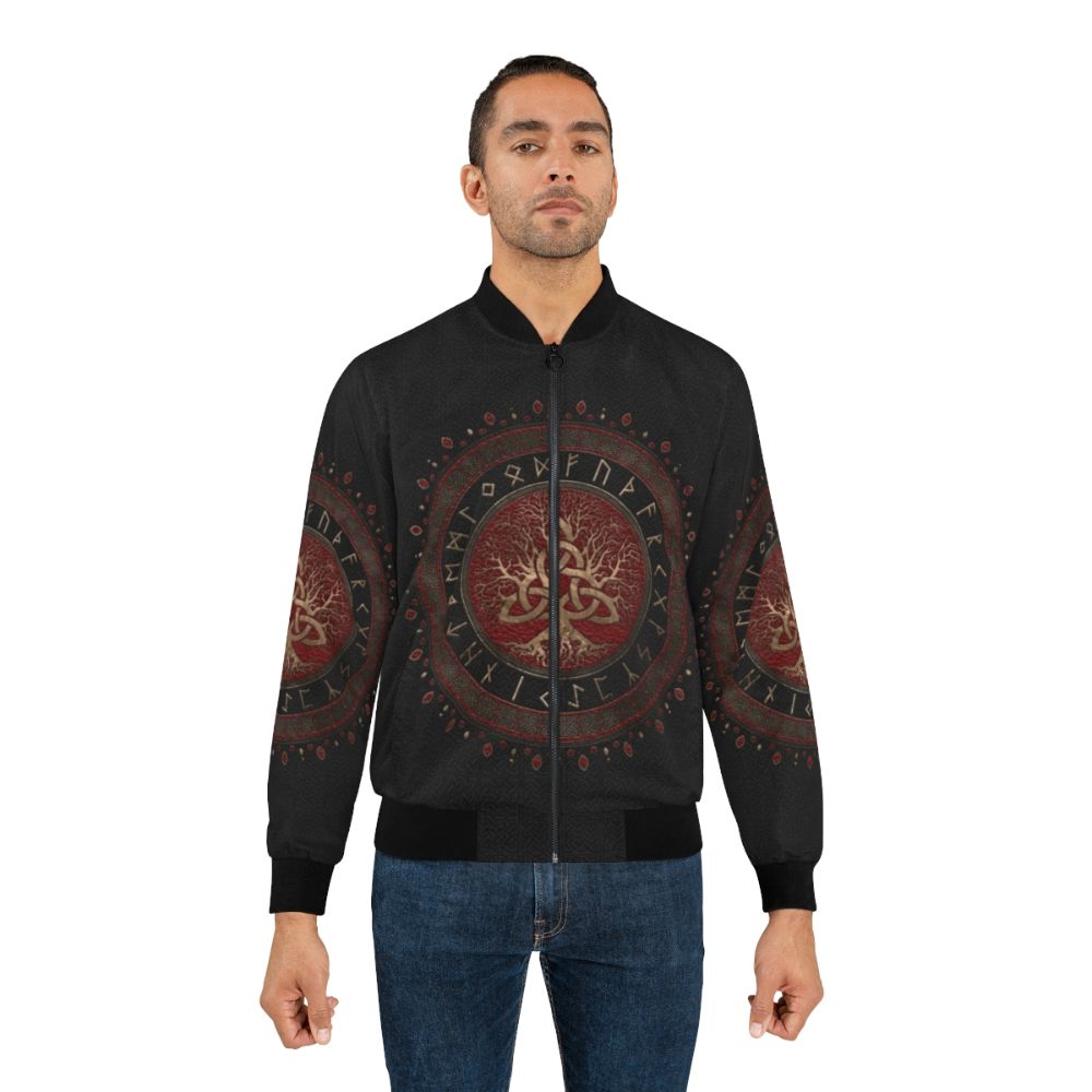 Tree of Life Triquetra Celtic Bomber Jacket in Black and Red with Gold Accents - Lifestyle