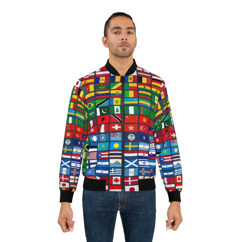 Bomber jacket featuring flags of the world, perfect for geography students and enthusiasts. - Lifestyle