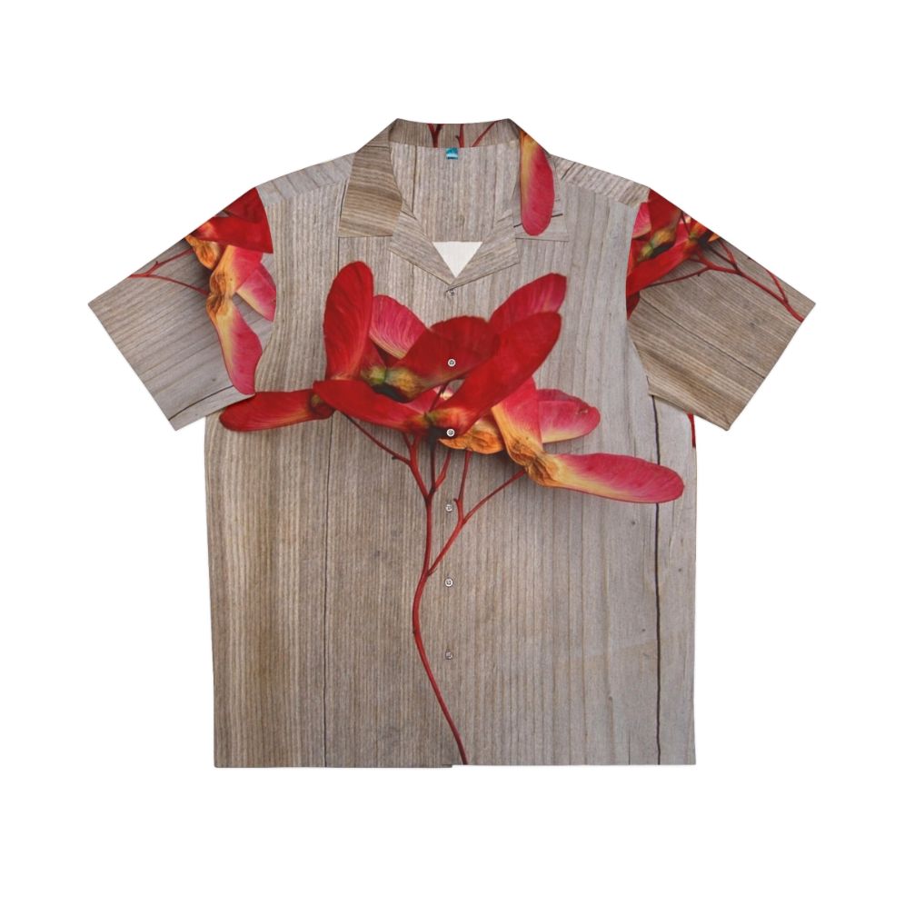 Vibrant Japanese maple keys printed on a Hawaiian shirt