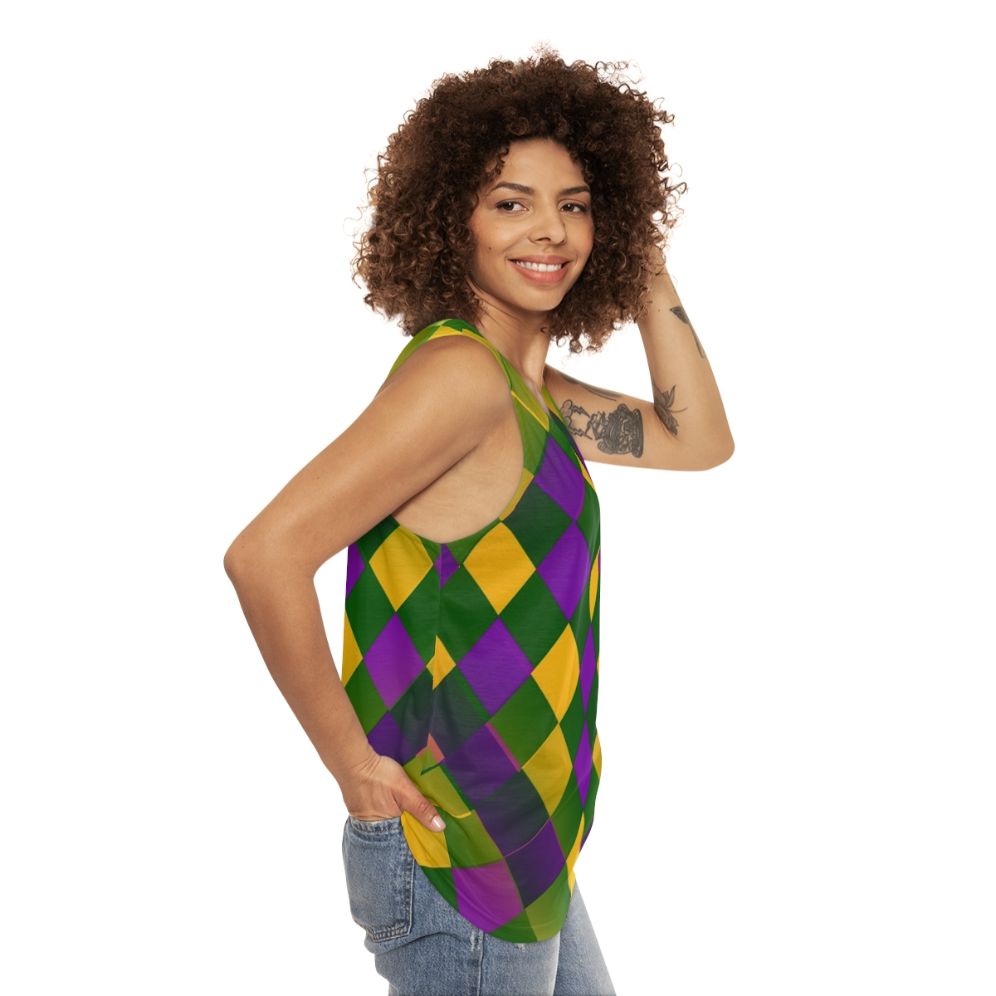 Harlequin patterned unisex tank top for Mardi Gras and New Orleans carnival - women side