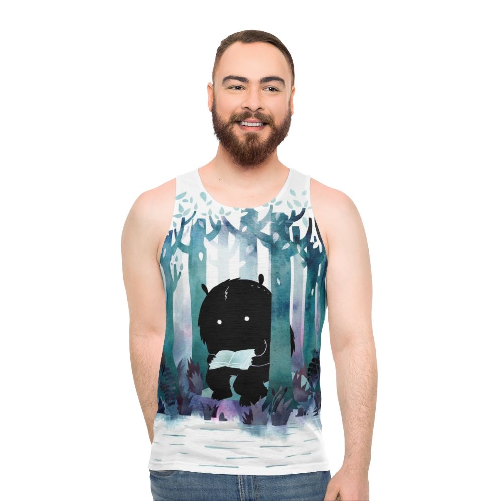 Watercolor unisex tank top with nature and book theme - men