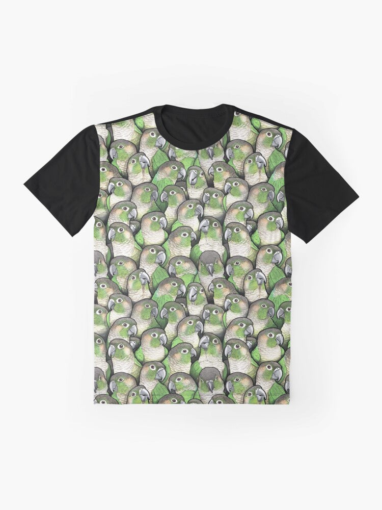 Colorful illustration of a green cheeked conure parrot on a t-shirt - Flat lay