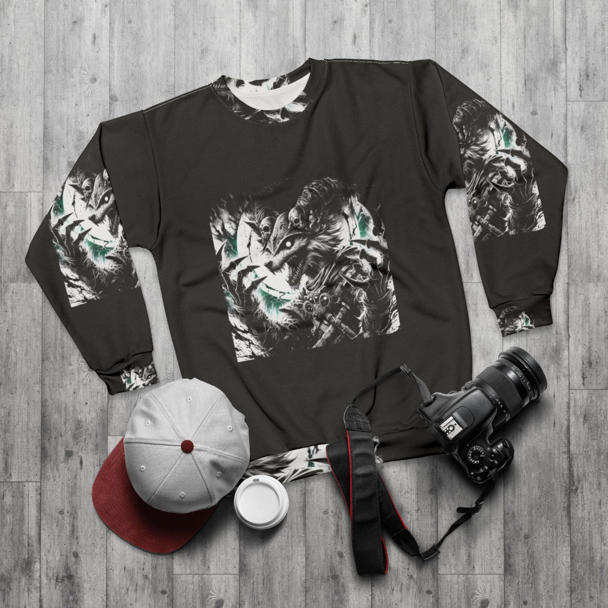 Furry art sweatshirt featuring cute animal prints and anthropomorphic designs - flat lay